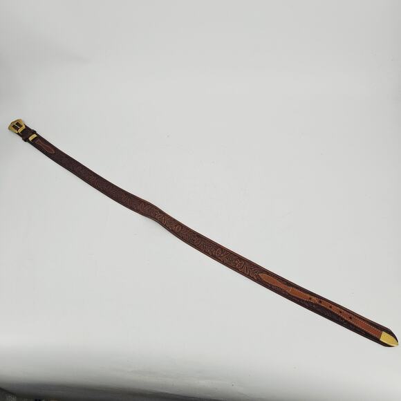Western Handtooled Brown Leather Belt w/ Gold Tone Accent Unisex 38 Made in USA - Picture 4 of 8